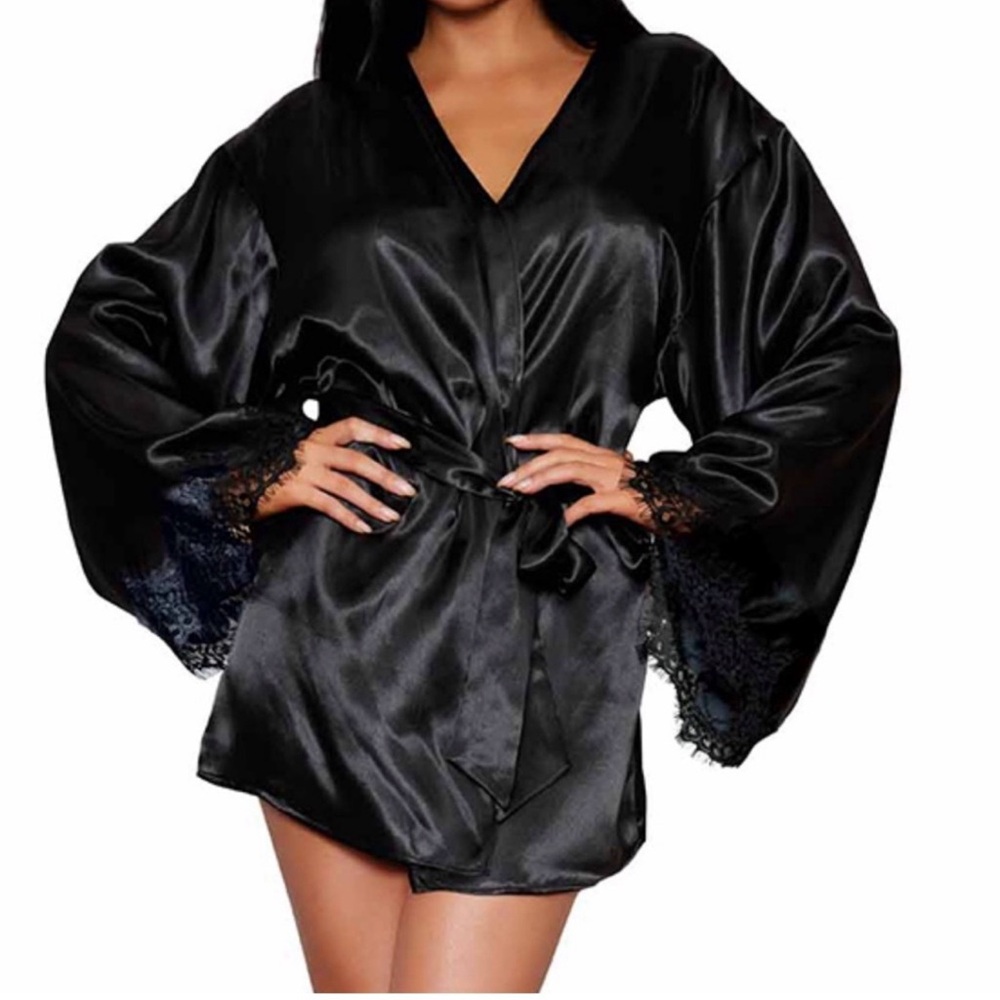 Black Satin Lace-Trim Robe